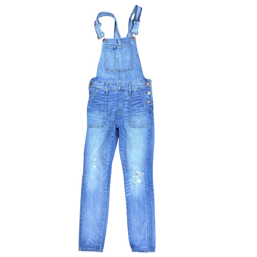 Madewell Denim Overalls Light Wash Distressed Slim Leg Womens XS Blue Dungarees